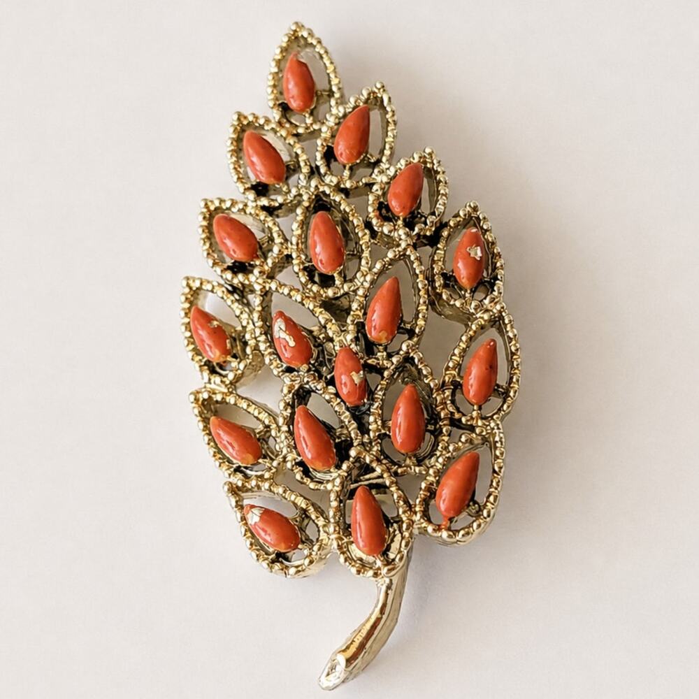 Vintage 1970s Gerry's Orange open-work Fall Leaf Brooch Gold Tone Signed